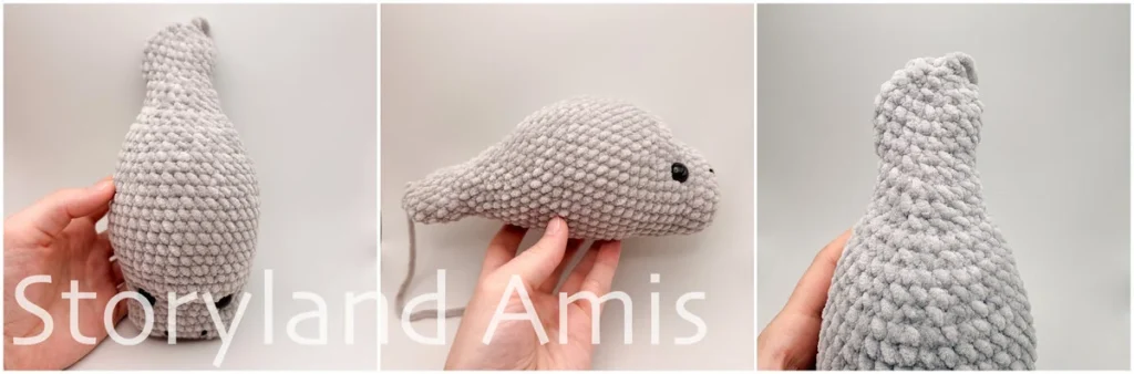 A three-panel image shows a crocheted amigurumi manatee from three different angles. The first image shows the manatee from above, the second image shows the manatee from the side, and the last image shows a close-up of the tail.