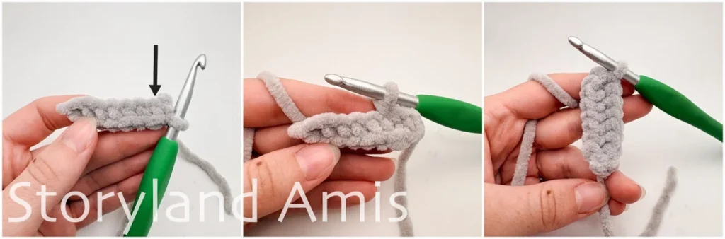 A three-panel image shows a hand using a crochet hook to demonstrate how to crochet into both sides of a foundation chain.