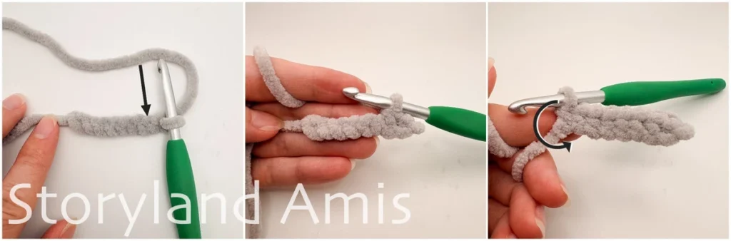 A three-panel image shows a hand using a crochet hook to demonstrate how to crochet into both sides of a foundation chain.