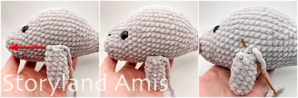 A three-panel image shows where to position and sew the flippers to the body of an amigurumi manatee toy.