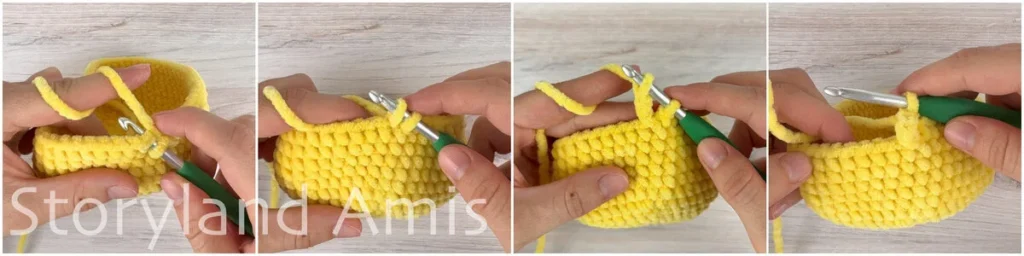 A four-panel image shows a hand demonstrating step-by-step how to crochet the berry stitch on a yellow crocheted piece using a green crochet hook.
