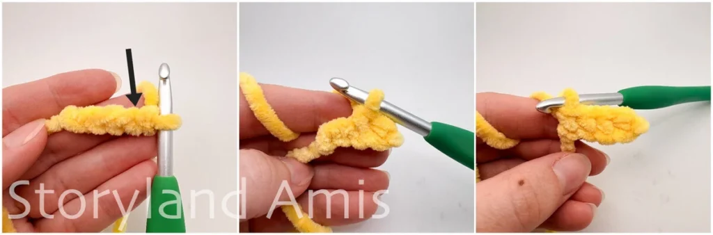 A three-panel image shows a hand demonstrating step-by-step how to crochet into a chain using a green crochet hook.