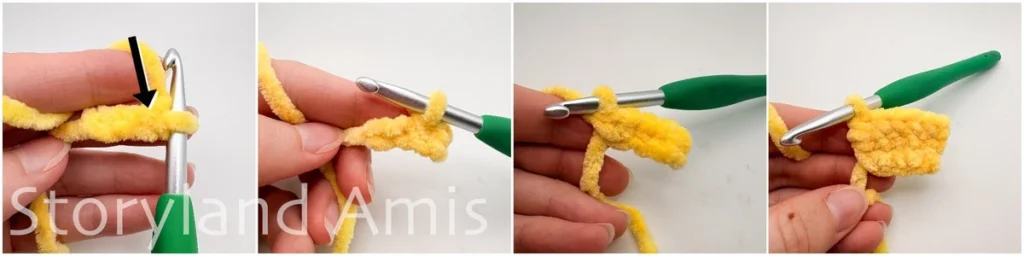 A four-panel image shows a hand demonstrating step-by-step how to crochet into a chain using a green crochet hook.