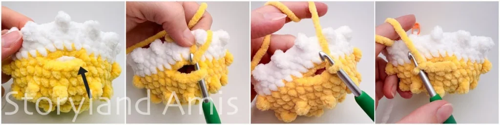 A four-panel image shows a hand using a green crochet hook to demonstrate step-by-step how to crochet a mouth on a pufferfish amigurumi toy.