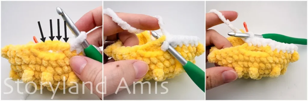 A three-panel image shows a hand using a green crochet hook to crochet the mouth on a yellow amigurumi pufferfish. Four black arrows on the first image point to the chain stitches that are meant to be crocheted into.