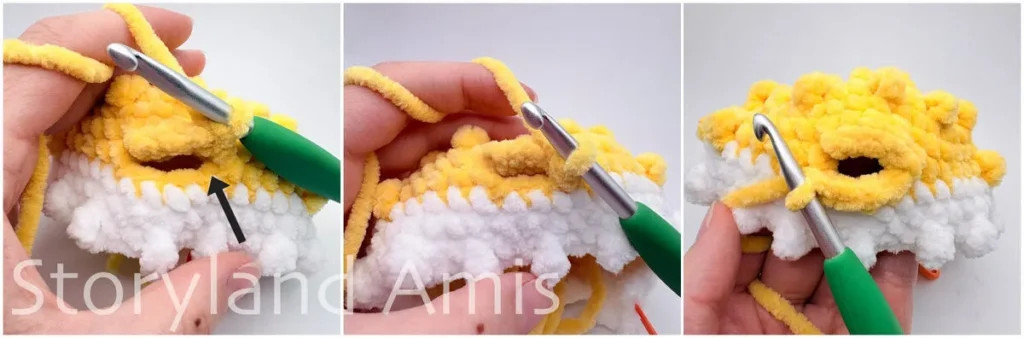 A three-panel image shows a hand using a green crochet hook to demonstrate step-by-step how to crochet a mouth on a pufferfish amigurumi toy.
