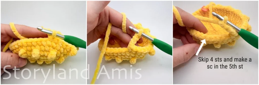 A three-panel image shows a hand demonstrating how to crochet the mouth on an amigurumi pufferfish using a green crochet hook. Text on the third image reads, "skip 4 sts and make a sc in the 5th st" with a white arrow pointing to a stitch on the body of the pufferfish.