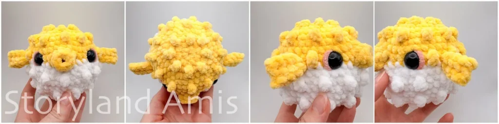 A four-panel image shows a partially completed amigurumi pufferfish toy from four different angles.