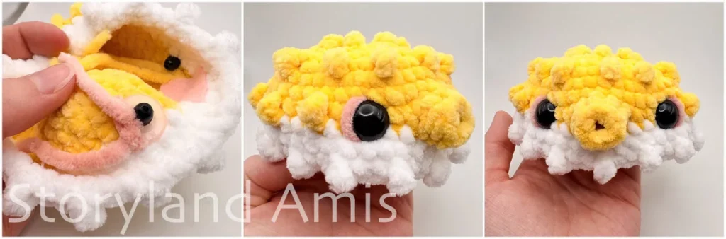 A three-panel image shows a partially finished pufferfish toy from three different angles.