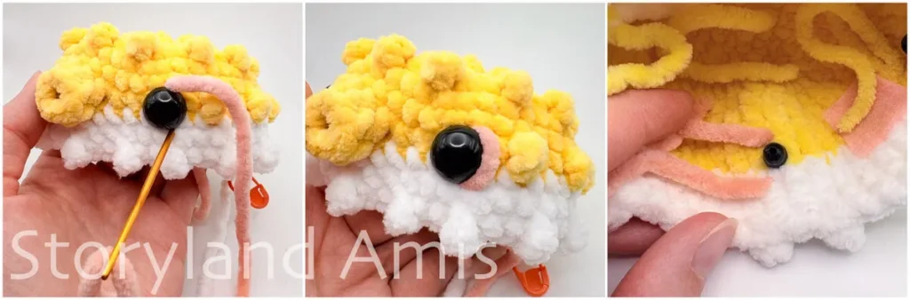 A three-panel image shows step-by-step how to embroider a stitch along the outer edge of a black plastic safety eye on an amigurumi pufferfish toy.