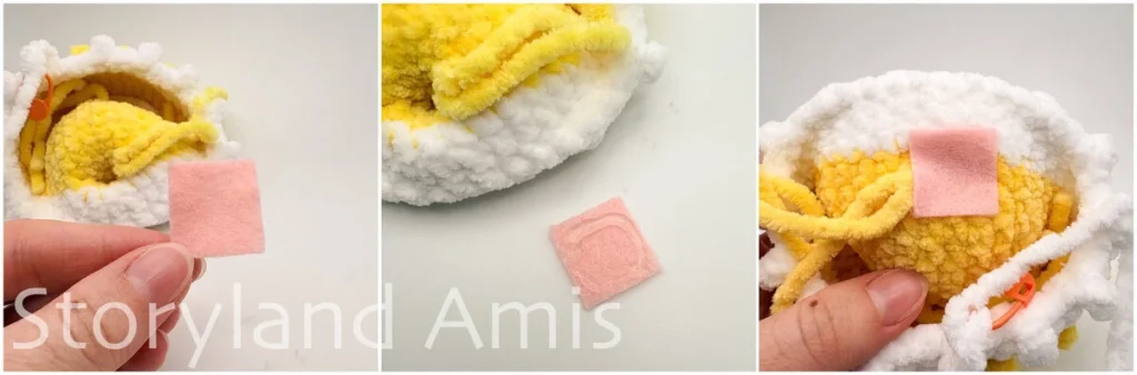 A three-panel image shows step-by-step a hand gluing a small square of pink felt to the inside of an amigurumi pufferfish's mouth.