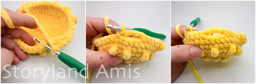 A three-panel image shows a hand demonstrating step-by-step how to crochet the mouth on an amigurumi pufferfish.