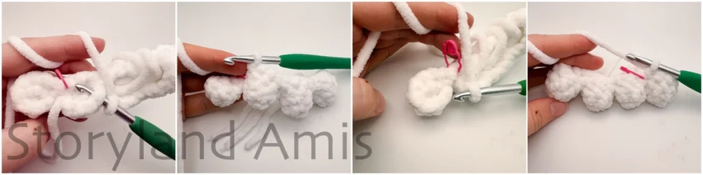 A three-panel image shows the step-by-step process of a hand using a green crochet hook to crochet the bottom scallops of a ghost body together.