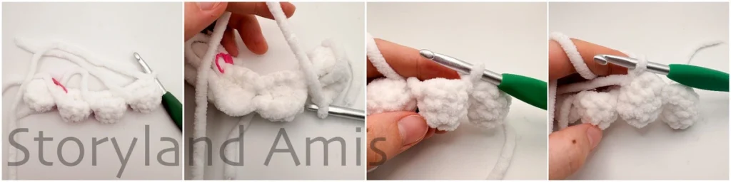 A three-panel image shows the step-by-step process of a hand using a green crochet hook to crochet the bottom scallops of a ghost body together.