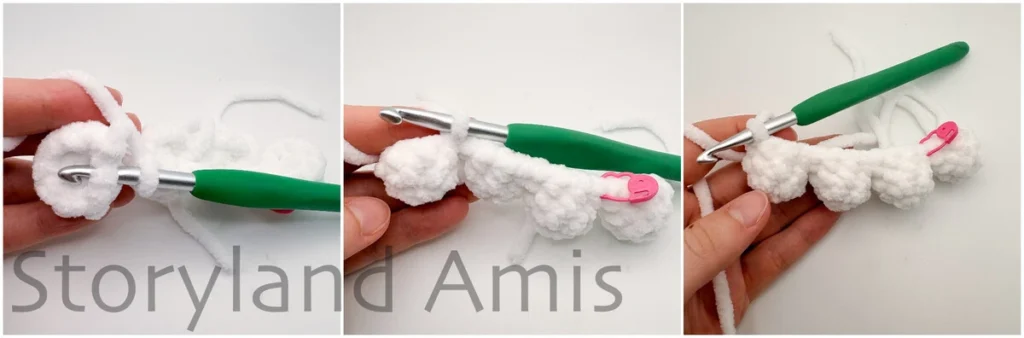 A three-panel image shows the step-by-step process of a hand using a green crochet hook to crochet the bottom scallops of a ghost body together.