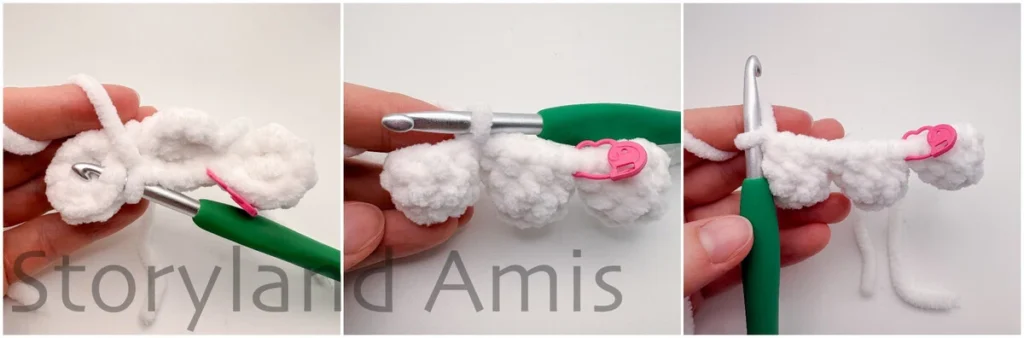 A three-panel image shows the step-by-step process of a hand using a green crochet hook to crochet the bottom scallops of a ghost body together.