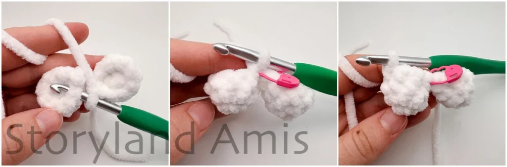 A three-panel image shows the step-by-step process of a hand using a green crochet hook to crochet the bottom scallops of a ghost body together.