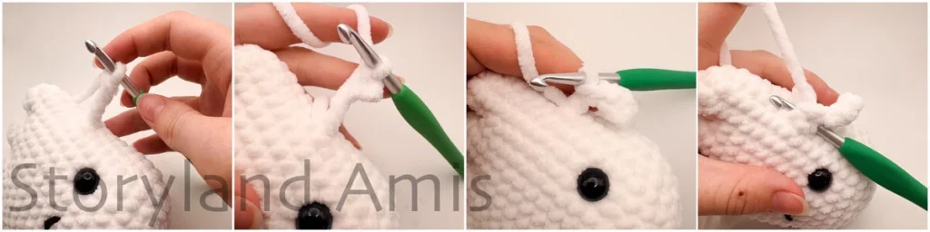 A four-panel image shows the step-by-step process of a hand using a green crochet hook to crochet arms to the body of an amigurumi ghost toy.