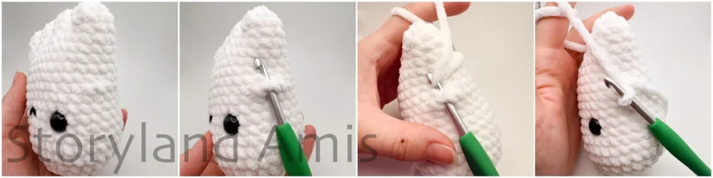 A four-panel image shows the step-by-step process of a hand using a green crochet hook to crochet arms to the body of an amigurumi ghost toy.