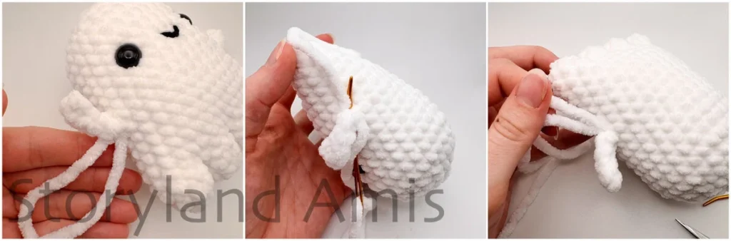 A three-panel image shows close-ups of a hand working on crocheted arms on an amigurumi ghost toy.