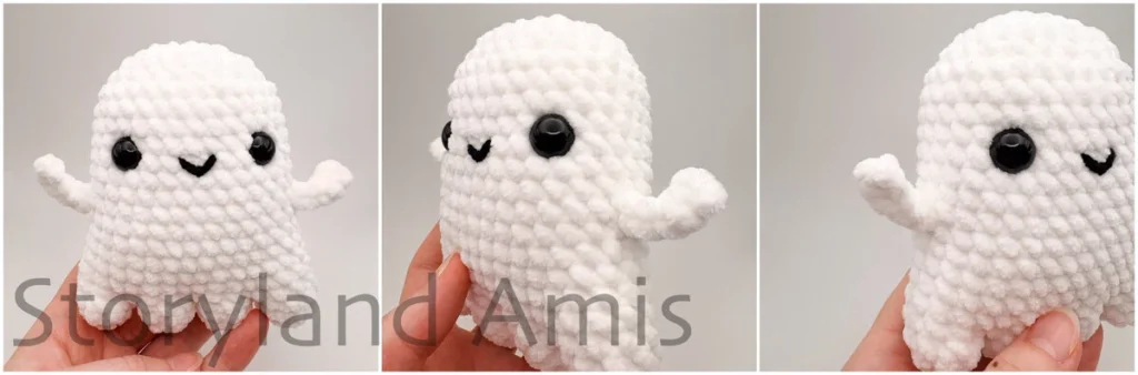 A three-panel image shows a crocheted amigurumi ghost from three different angles.